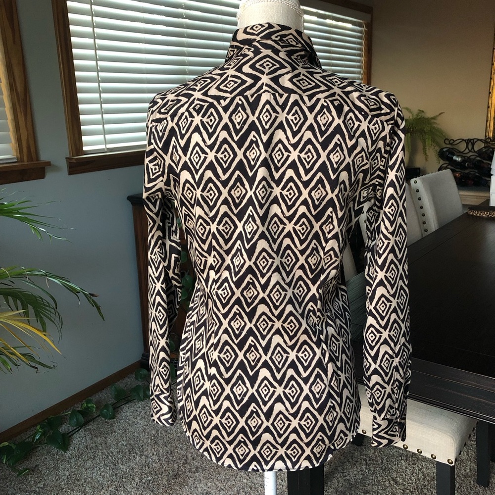 Lauren Ralph Lauren Black Tan Geometric Print Button-Up Shirt Blouse NWT Size XS - Picture 5 of 8